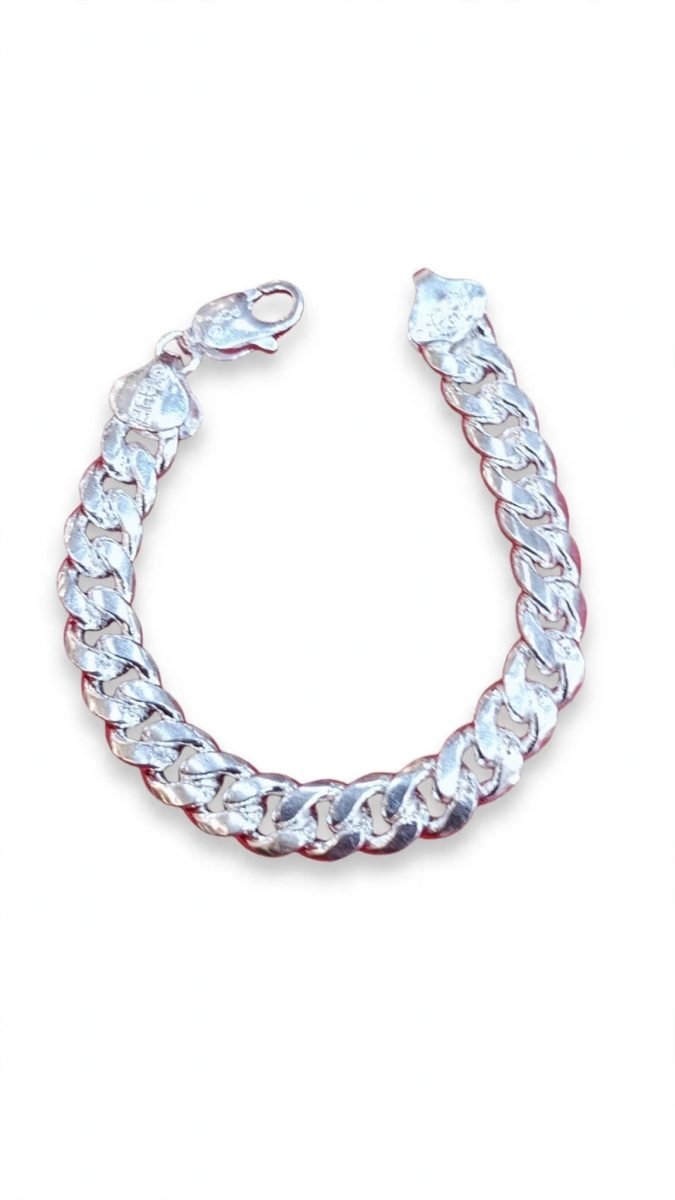 Broad Beveled Curb Link Silver Chain Bracelet