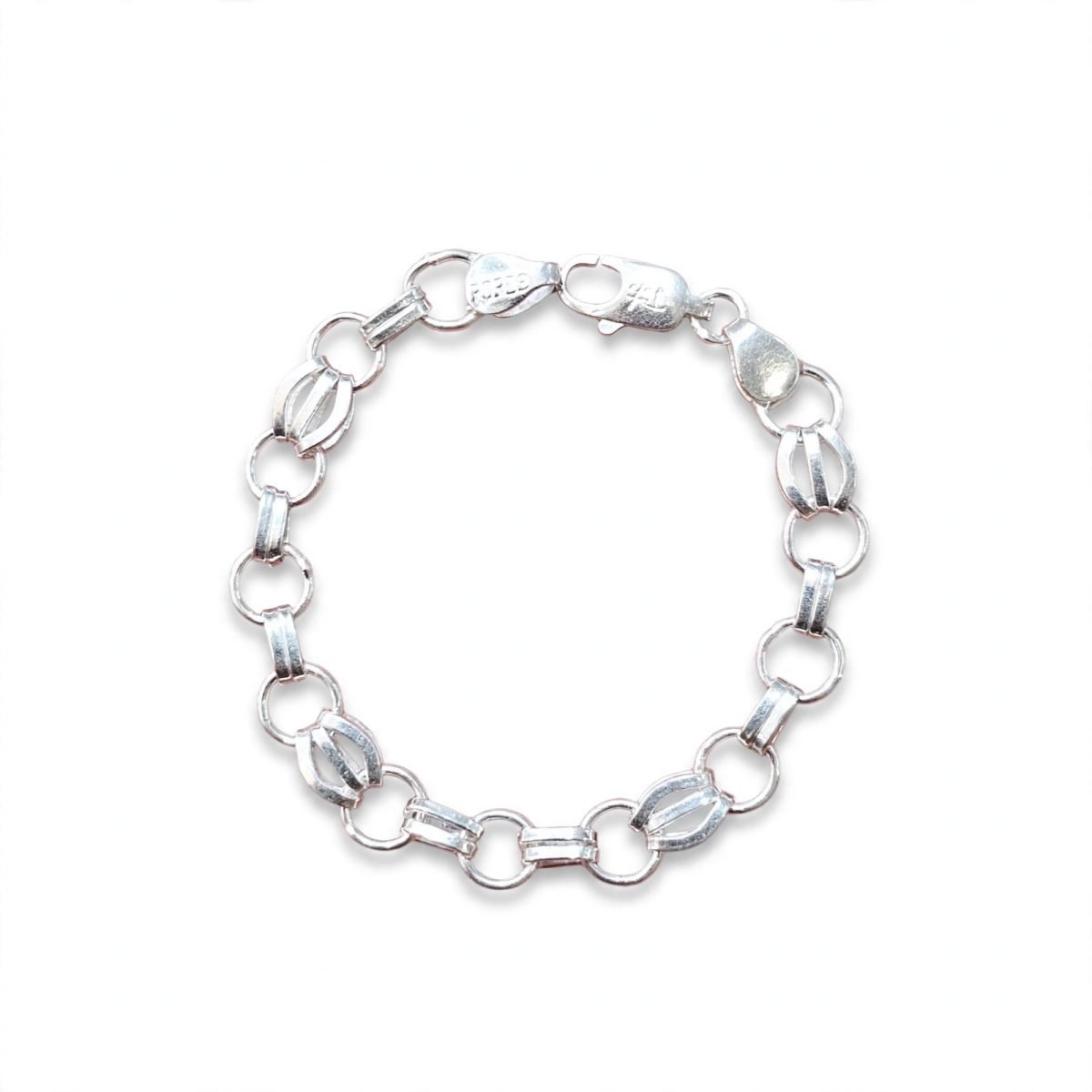 Alternating Ring and Textured Cage Station Silver Chain Bracelet