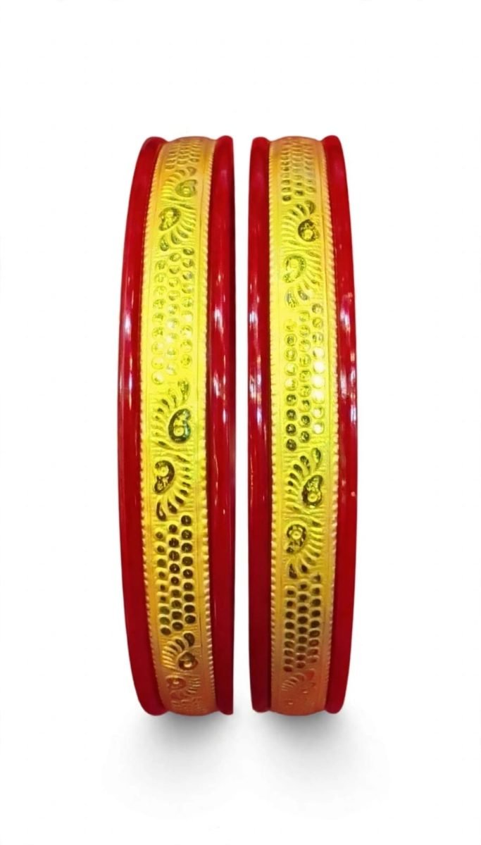 Traditional Peacock & Mango Motif Gold-Plated Pola Bangle Pair