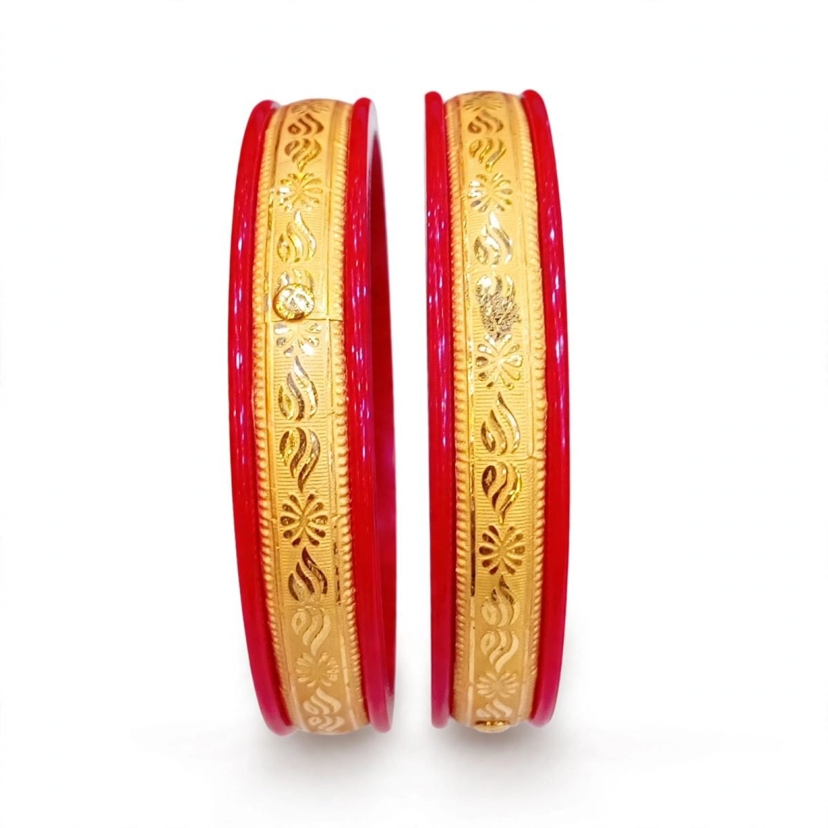 Traditional Floral Starburst & Leaf Scroll Gold-Plated Pola Bangle Pair