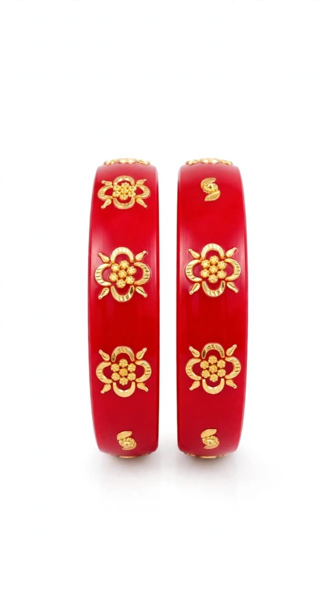 Traditional Floral Motif Gold-Plated Red Pola Bangle Pair