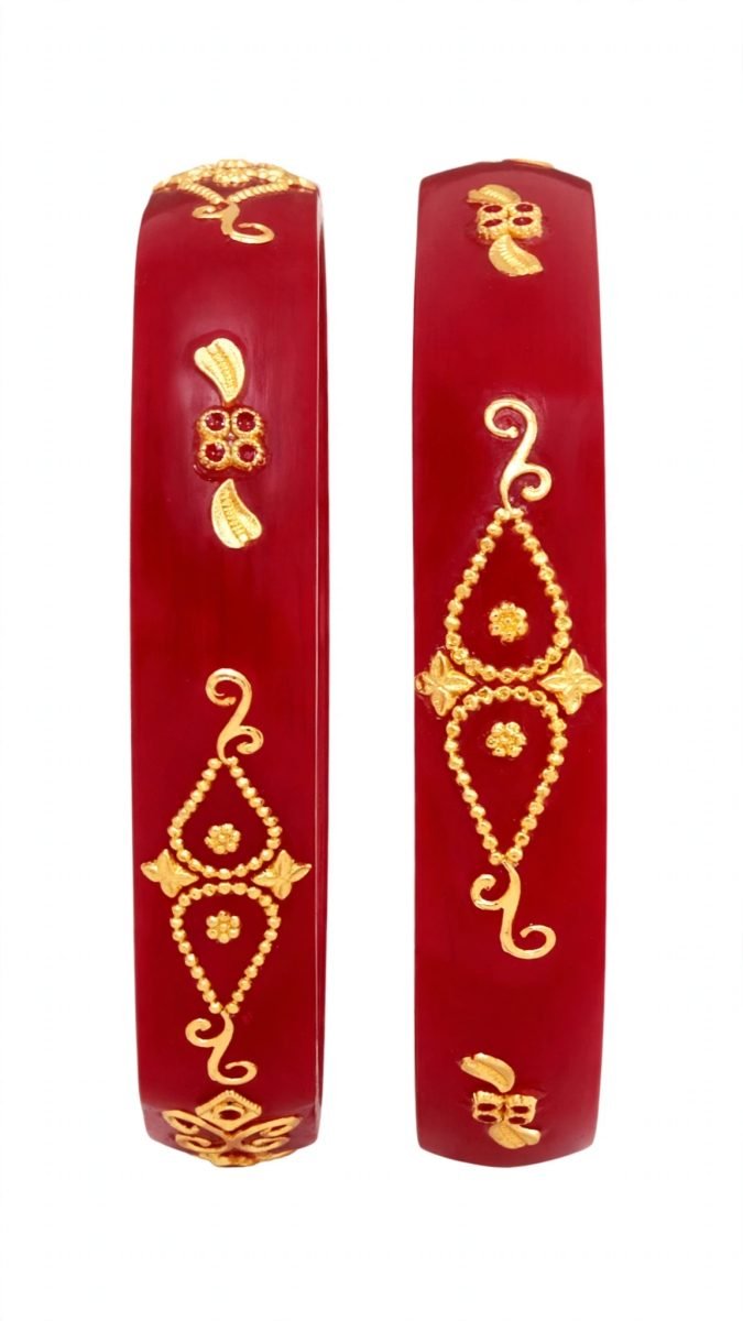 Traditional Beaded Paisley Filigree Gold-Plated Red Pola Bangle Pair