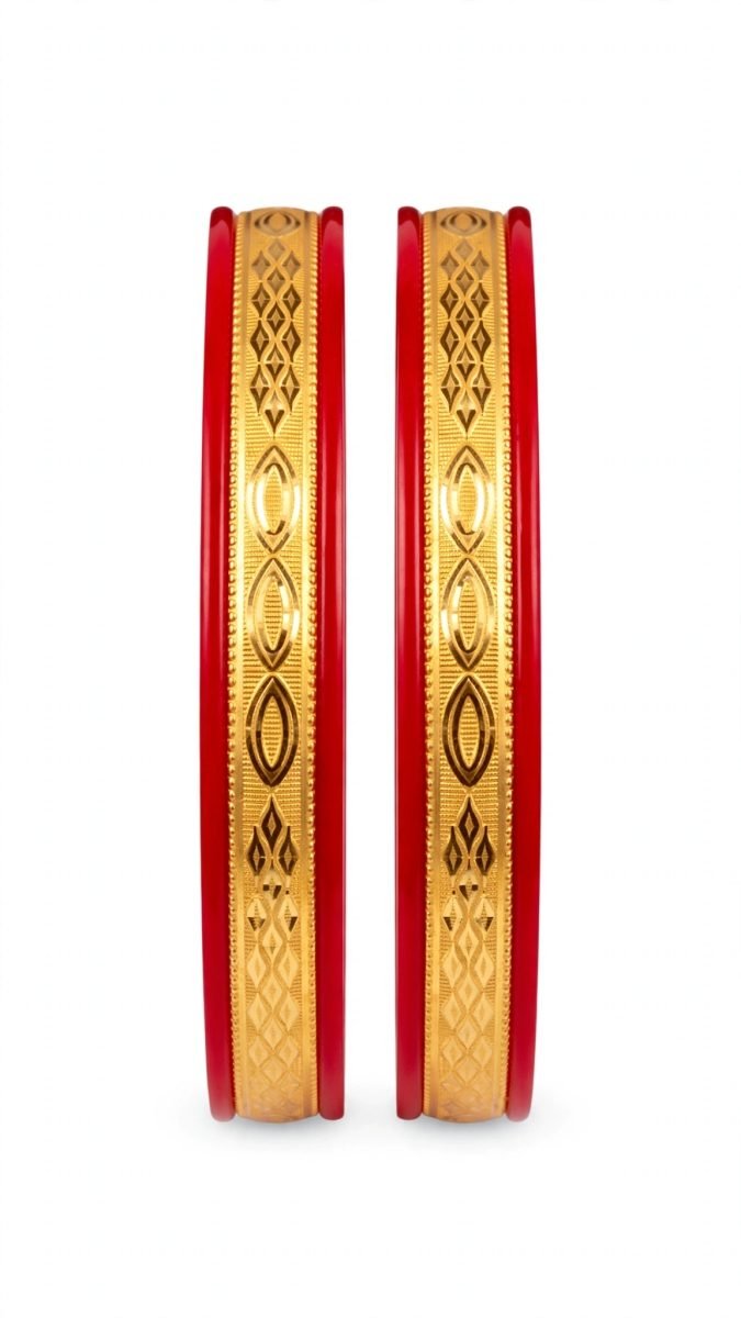 Geometric Diamond & Oval Motif Gold-Plated Pola Bangle Pair