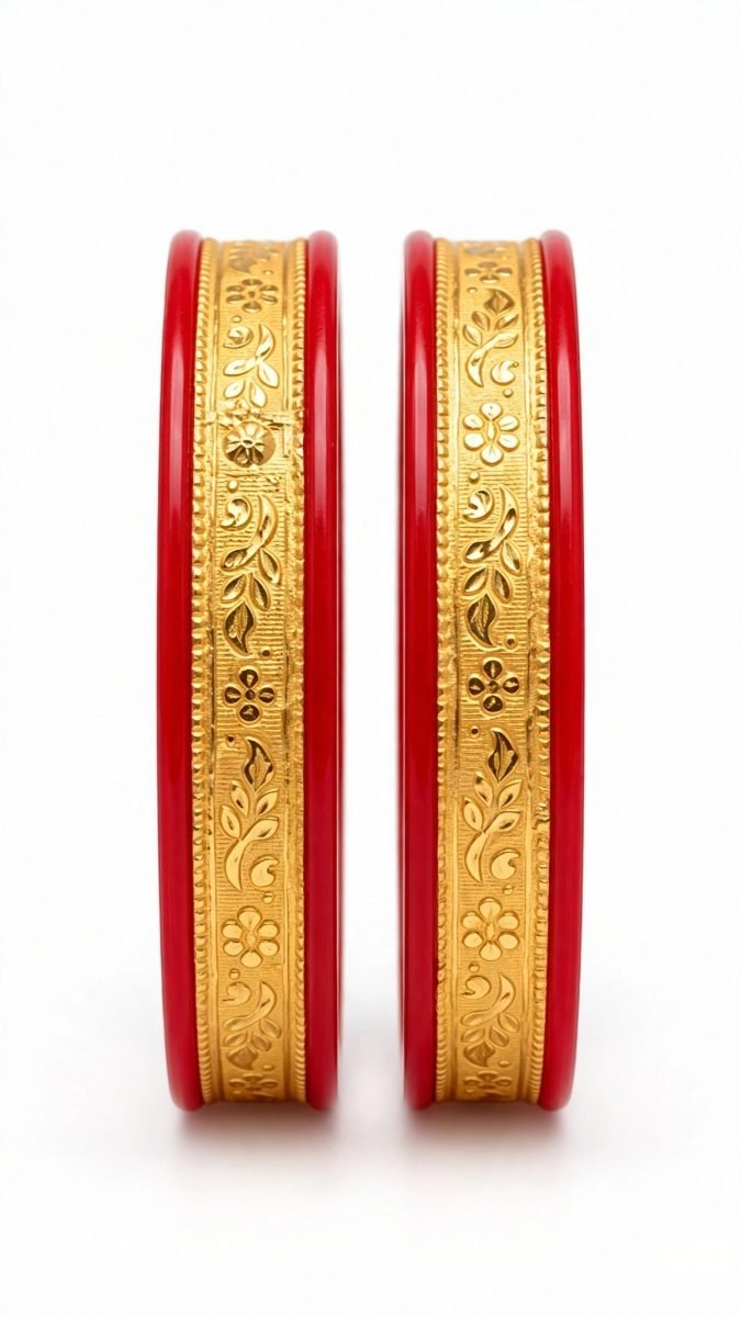 Traditional Floral Vine & Leaf Engraved Gold-Plated Pola Bangle Pair