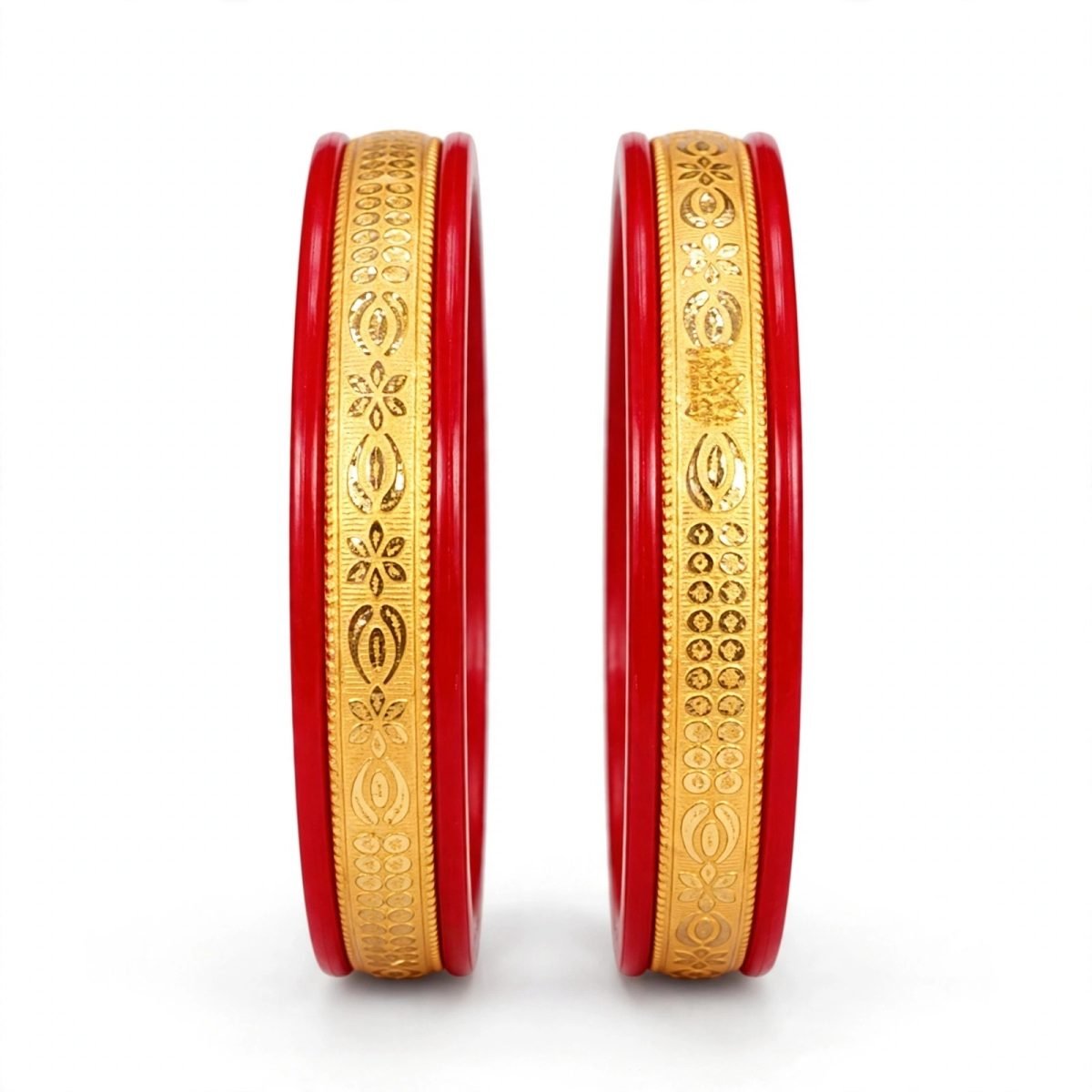 Traditional Floral Starburst & Beaded Lattice Gold-Plated Pola Bangle Pair