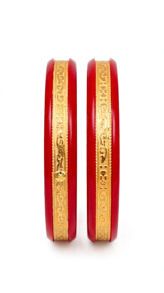 Traditional Scroll Filigree & Floral Relief Gold-Plated Pola Bangle Pair