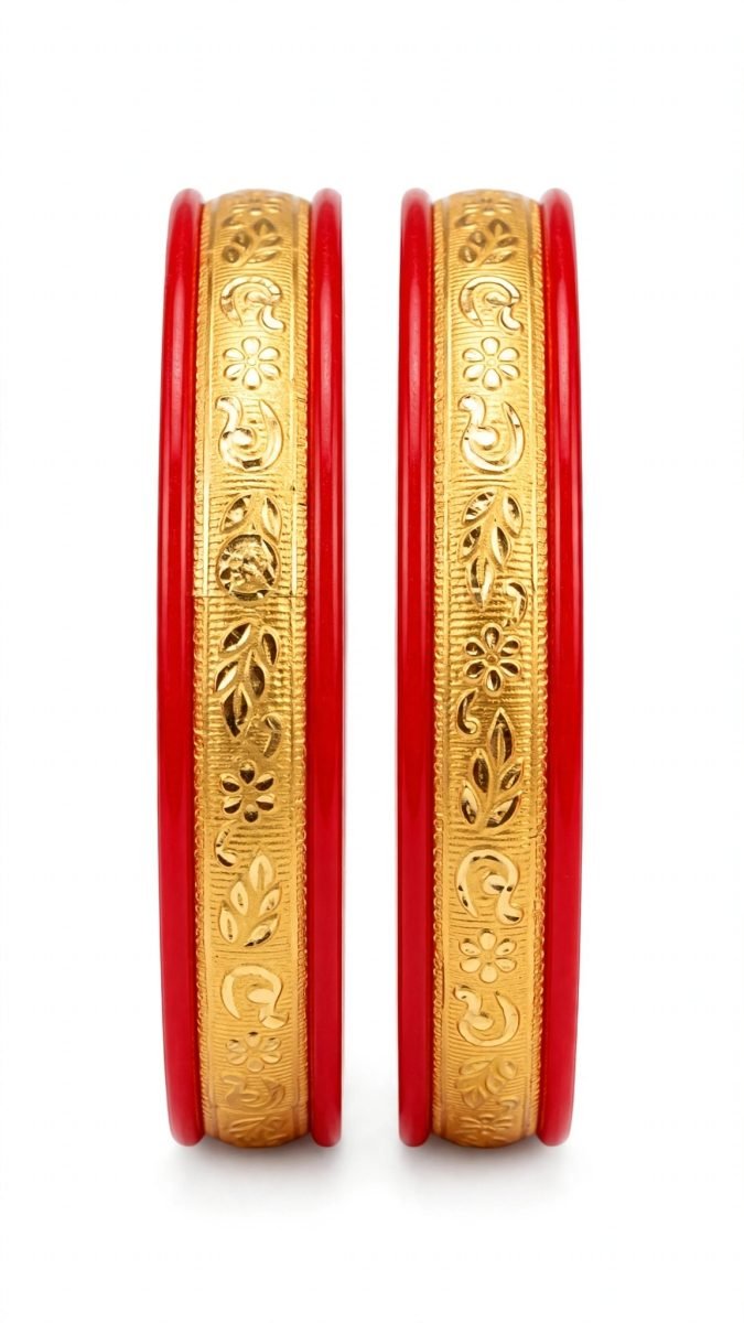 Traditional Floral Motif & Leaf Scroll Gold-Plated Pola Bangle Pair