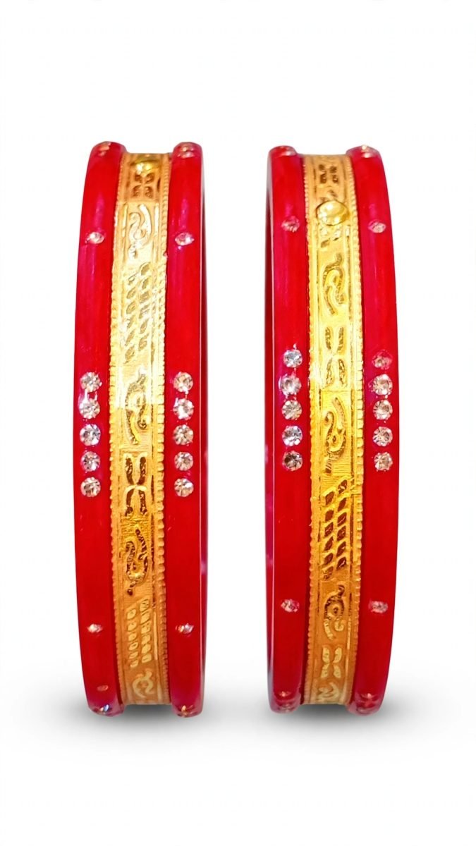 Traditional Stone-Studded Floral Filigree Gold-Plated Pola Bangle Pair