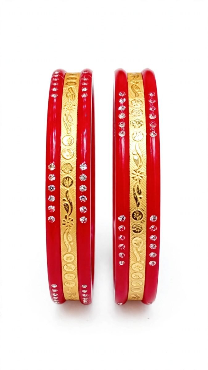 Traditional Stone-Studded Floral & Paisley Relief Gold-Plated Pola Bangle Pair