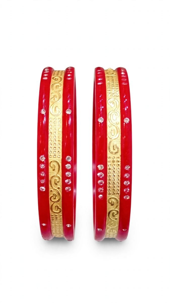 Traditional Stone-Studded Scroll Filigree & Textured Grid Gold-Plated Pola Bangle Pair