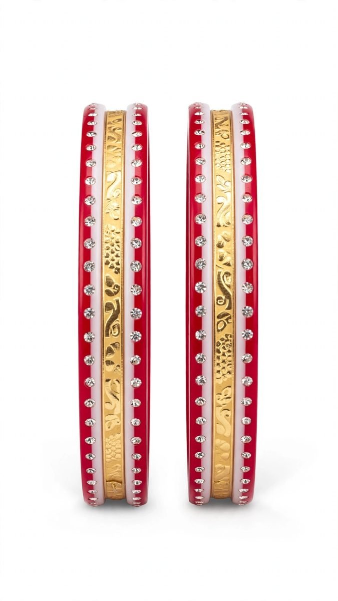 Traditional Dual-Tone Red & White Stone-Studded Filigree Gold-Plated Pola Bangle Pai