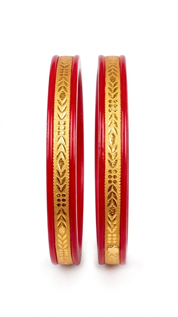 Traditional Chevron & Leaf Engraved Gold-Plated Pola Bangle Pair