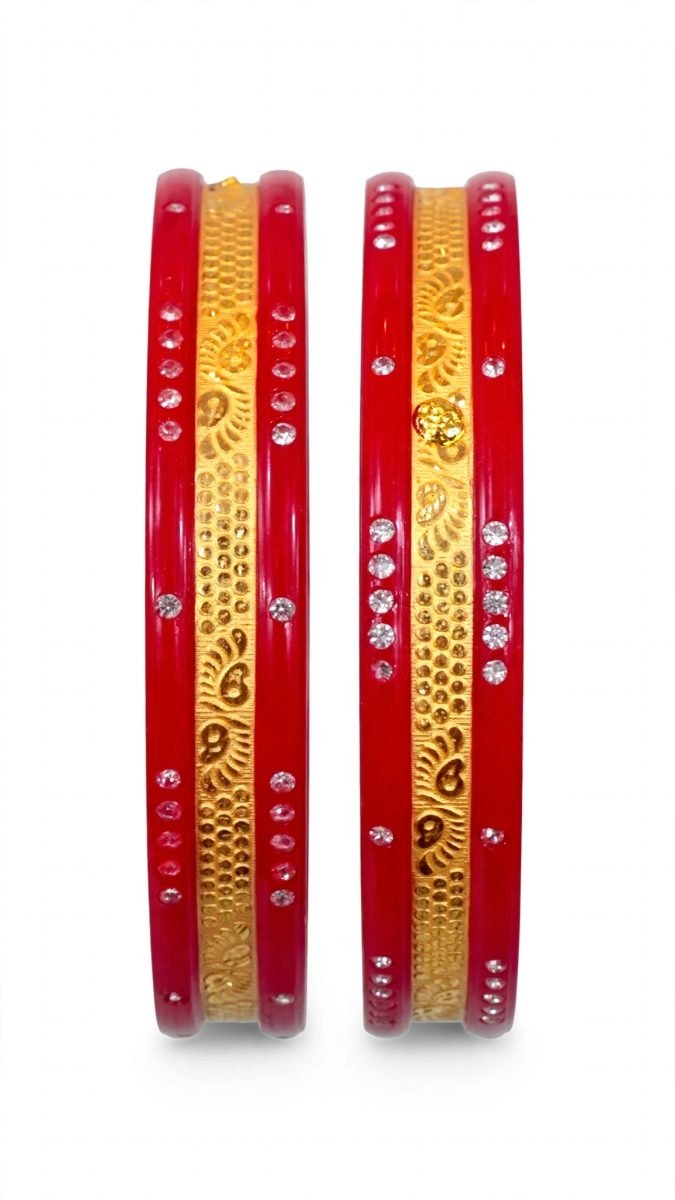 Traditional Stone-Studded Mango Paisley & Textured Mesh Gold-Plated Pola Bangle Pair