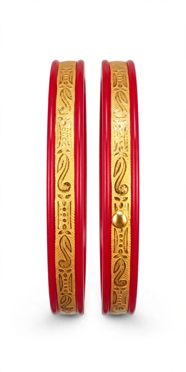 Traditional S-Scroll Filigree & Beaded Pillared Gold-Plated Pola Bangle Pair