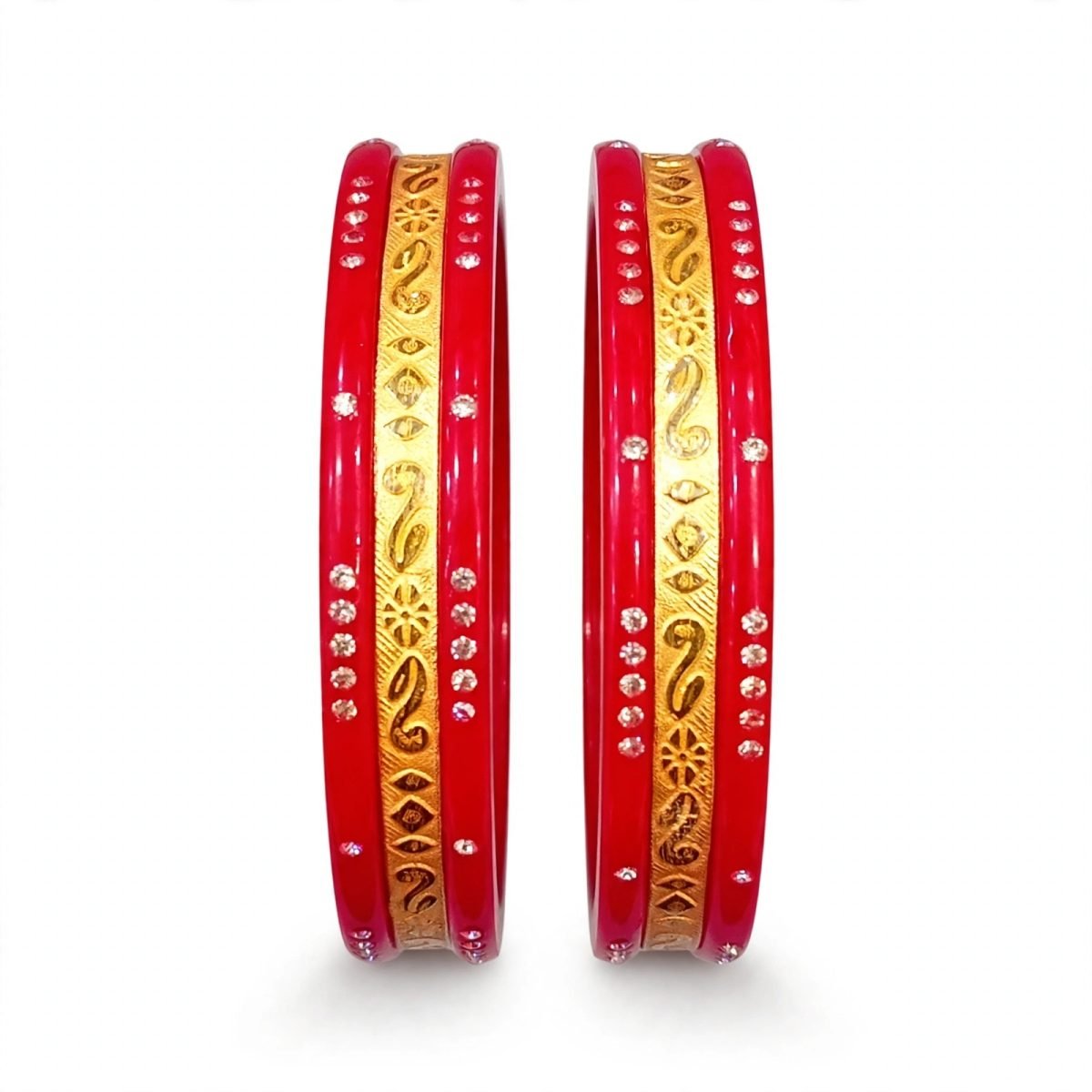 Traditional Stone-Studded Floral, Scroll & Eye Motif Gold-Plated Pola Bangle Pair