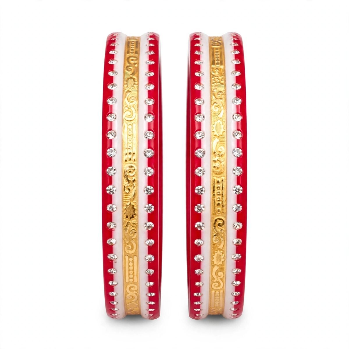 Traditional Dual-Tone Red & White Stone-Studded Floral & Scroll Filigree Gold-Plated Pola Bangle Pair