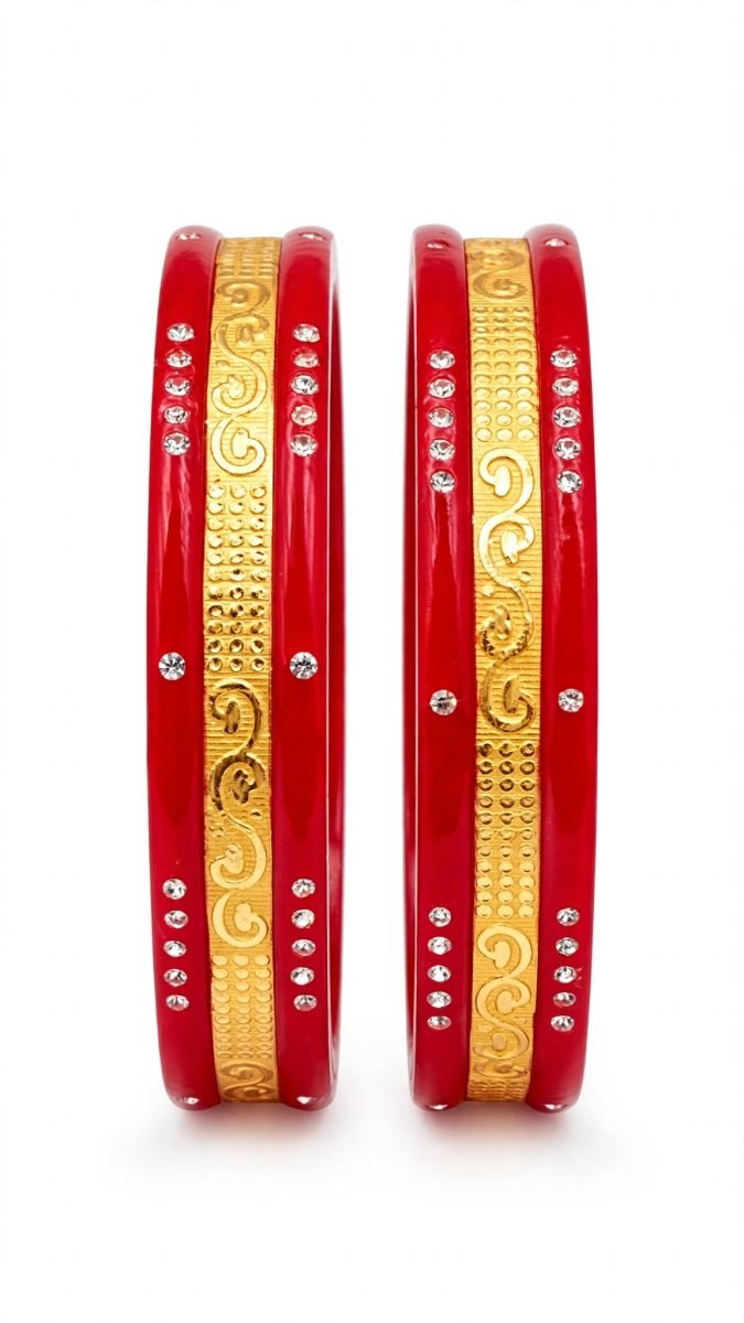 Traditional Stone-Studded Paisley Scroll & Micro-Beaded Grid Gold-Plated Pola Bangle Pair