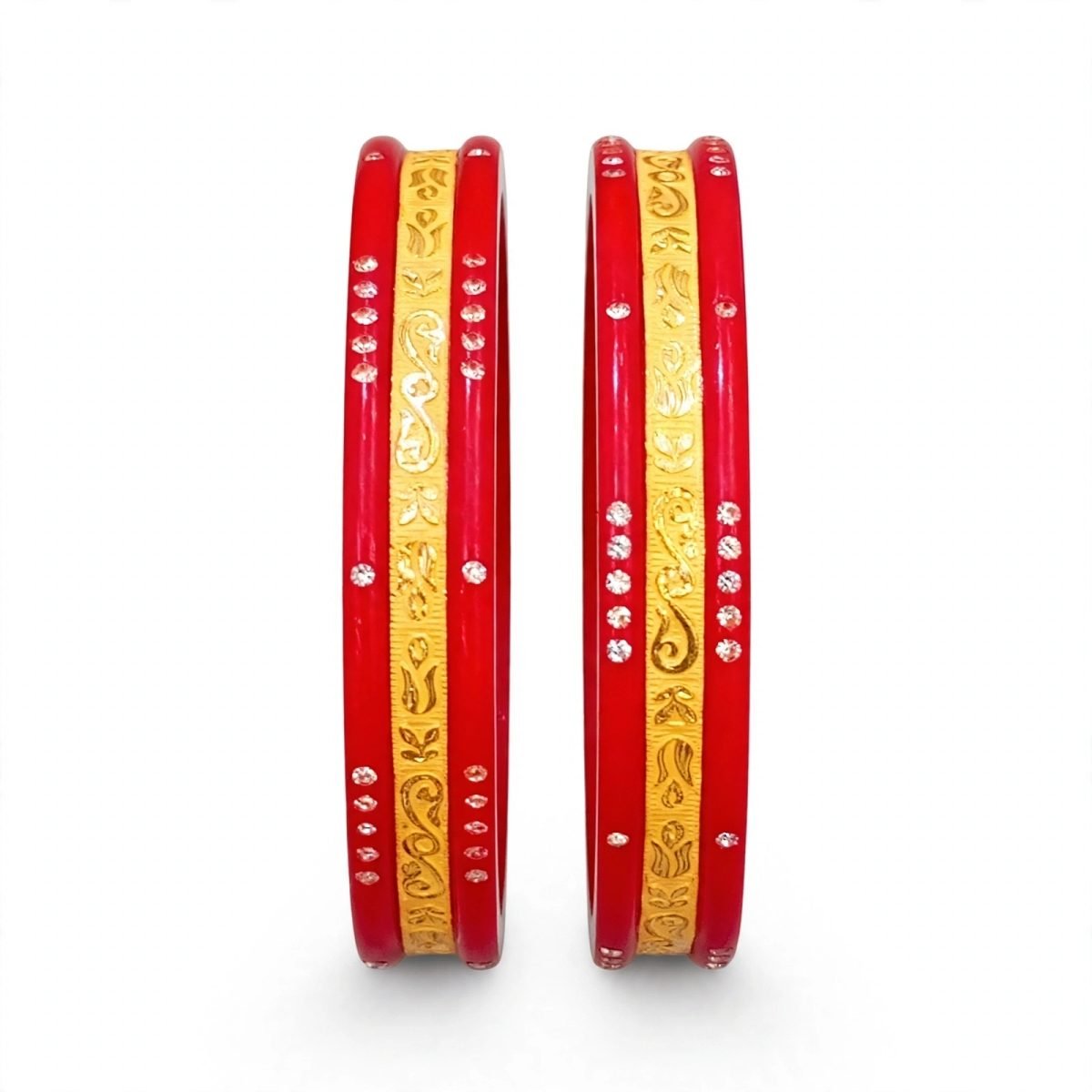 Traditional Stone-Studded Paisley, Lotus Motif & Filigree Gold-Plated Pola Bangle Pair