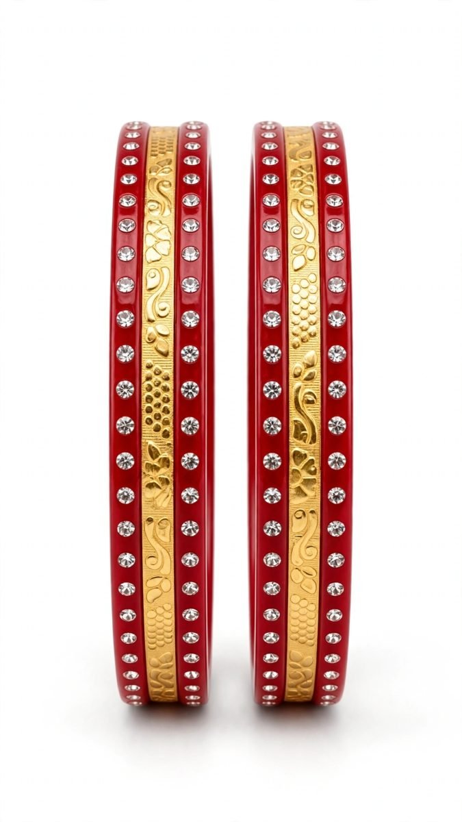Traditional Double-Row Stone-Studded Floral, Paisley & Mesh Gold-Plated Pola Bangle Pair