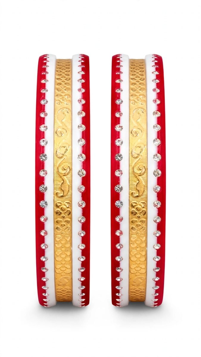 Traditional Dual-Tone Red & White Stone-Studded Floral Blossom & Paisley Scroll Gold-Plated Pola Bangle Pair