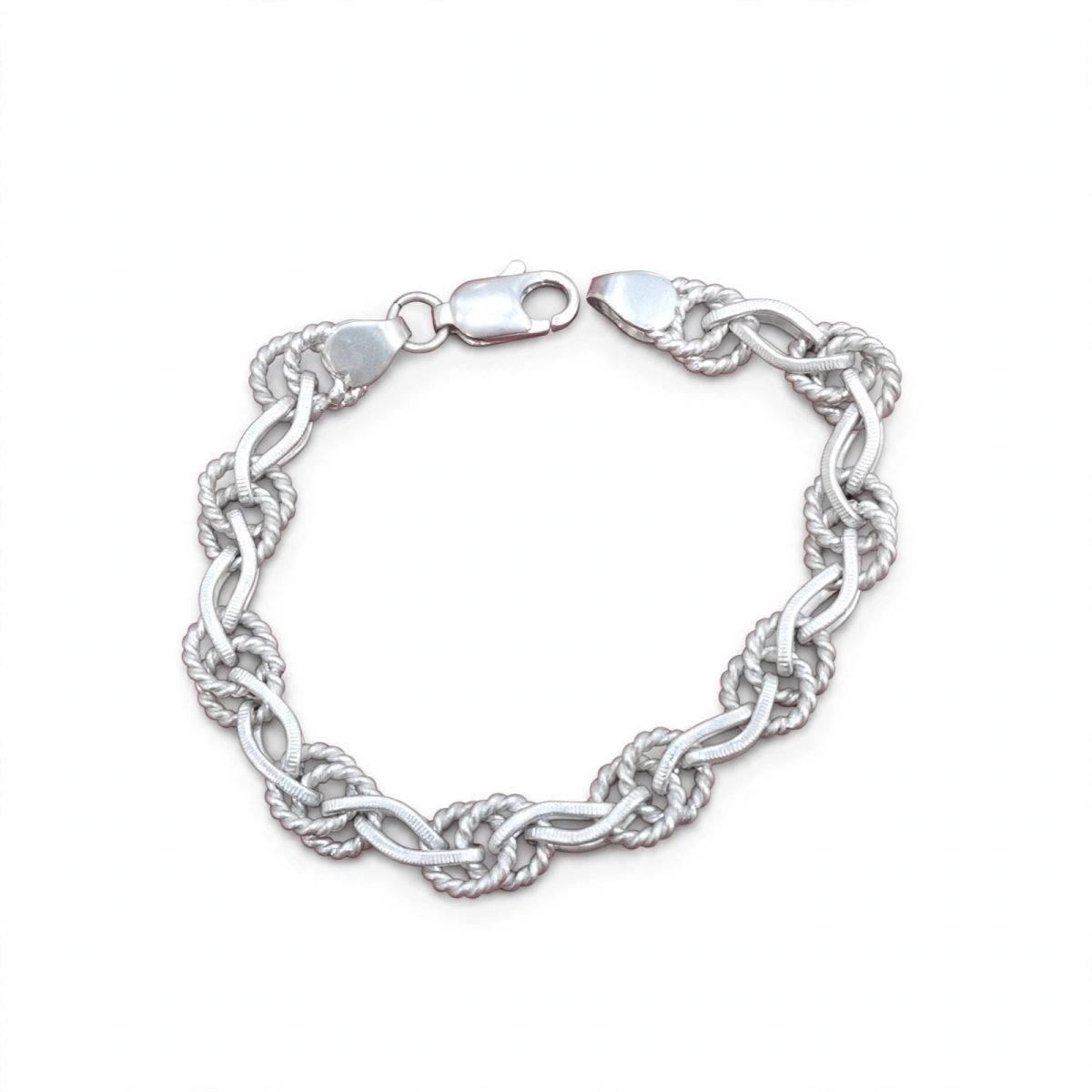 Classic Intricate Twisted Rope & Flat Oval Link Sterling Silver Chain Bracelet