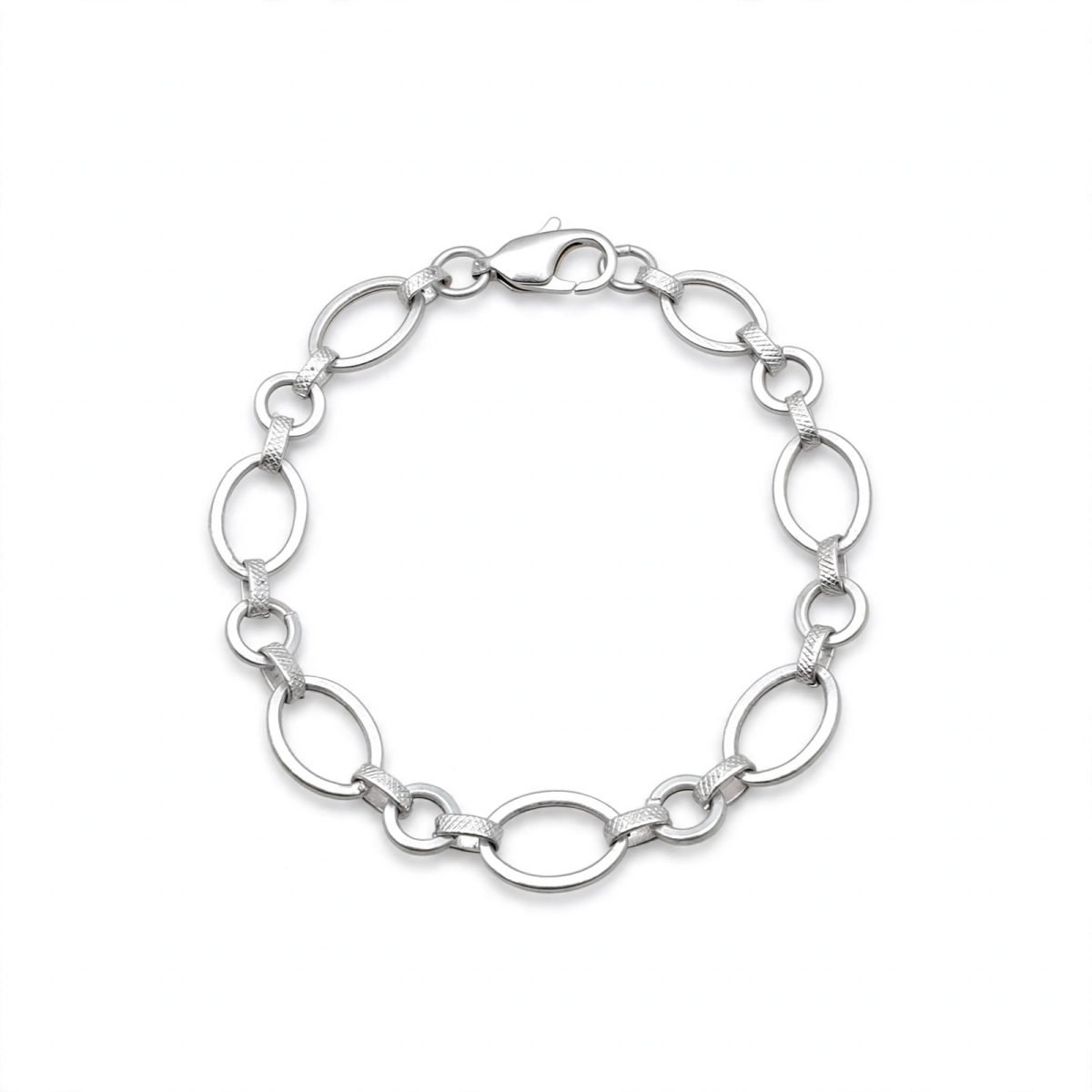 Contemporary Textured & Polished Interlocking Oval Link Sterling Silver Bracelet