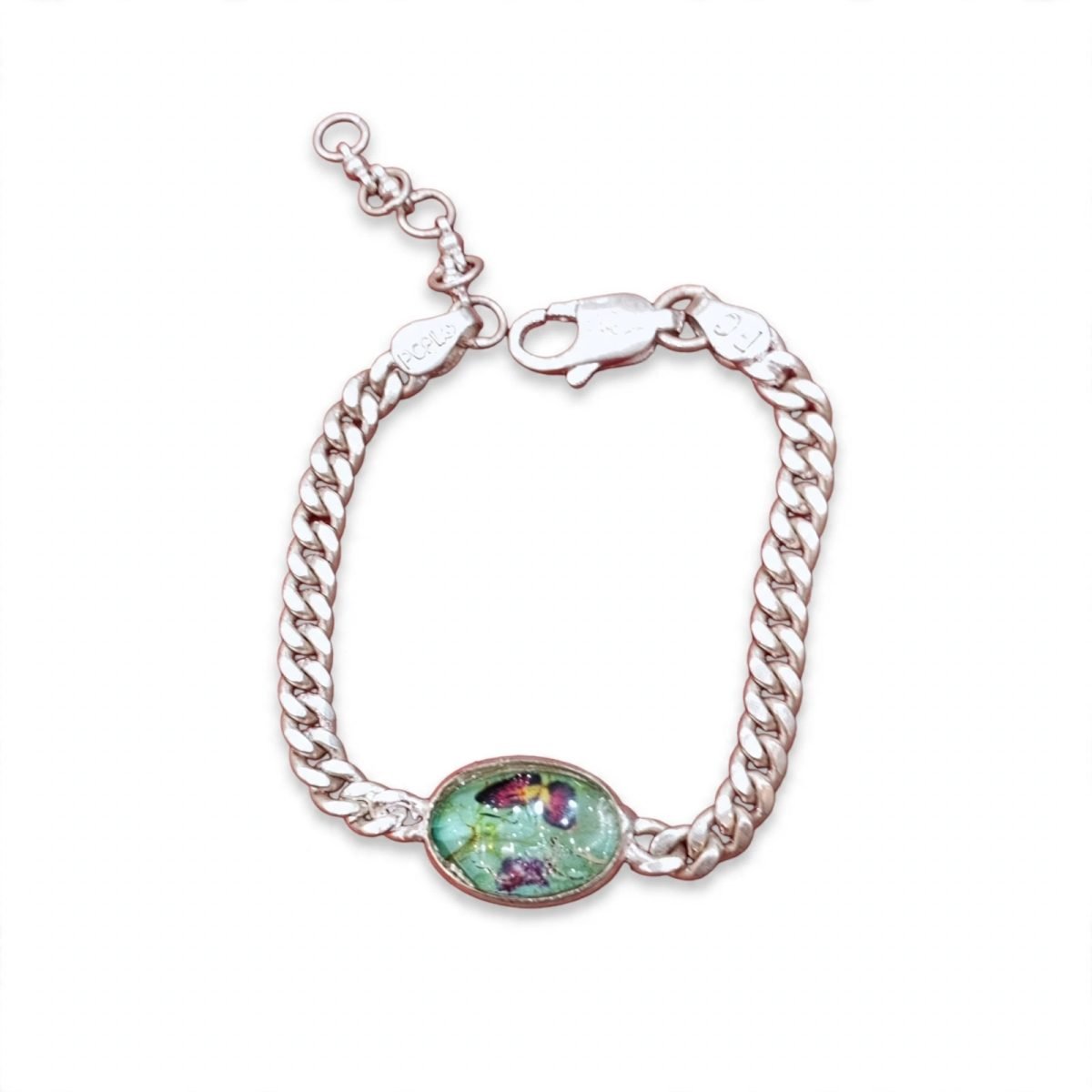 Botanical Oval Resin Cabochon Curb Chain Sterling Silver / Rose-Tone Bracelet