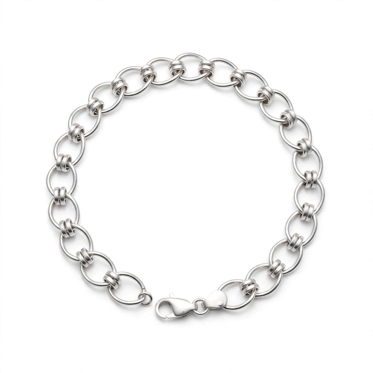 Contemporary Dual-Ring Interlocking Link Sterling Silver Chain Bracelet