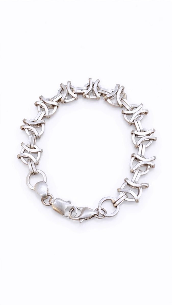 Contemporary Interlocking Arc & Ribbon Link Sterling Silver Chain Bracelet