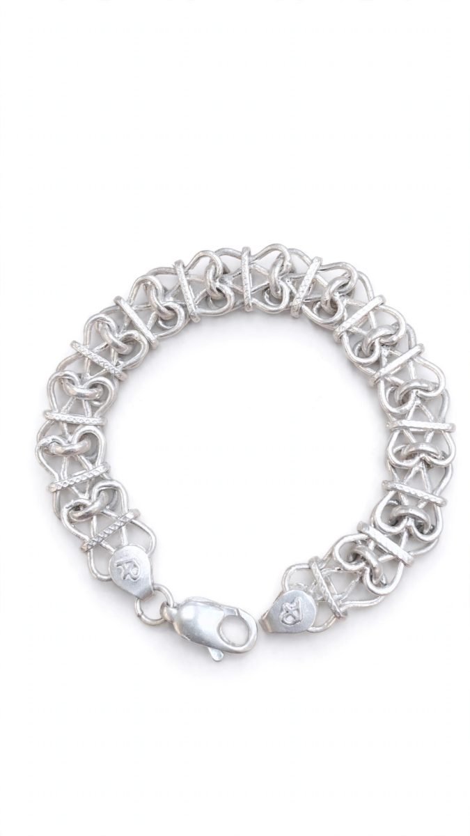 Interlocking Heart & Ribbon Link Sterling Silver Chain Bracelet