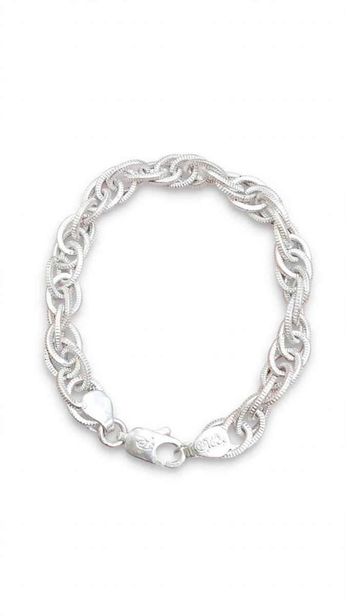 Textured Interlocking Double-Oval Link Sterling Silver Chain Bracelet