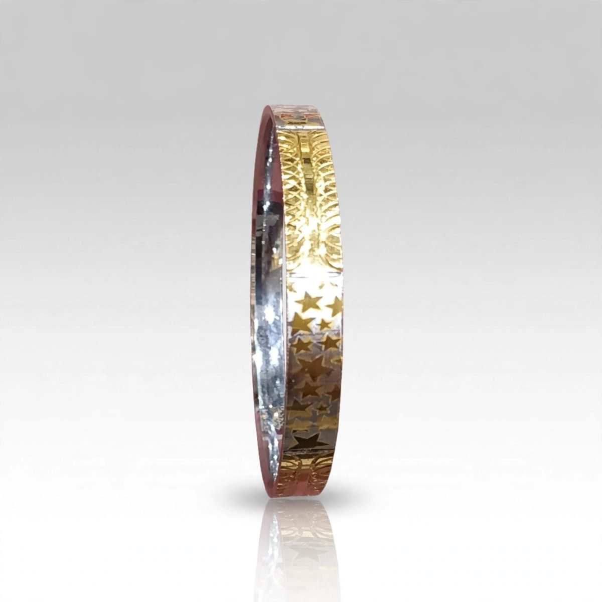 Dual-Tone Laser-Engraved Star & Filigree Patterned Silver Bangle
