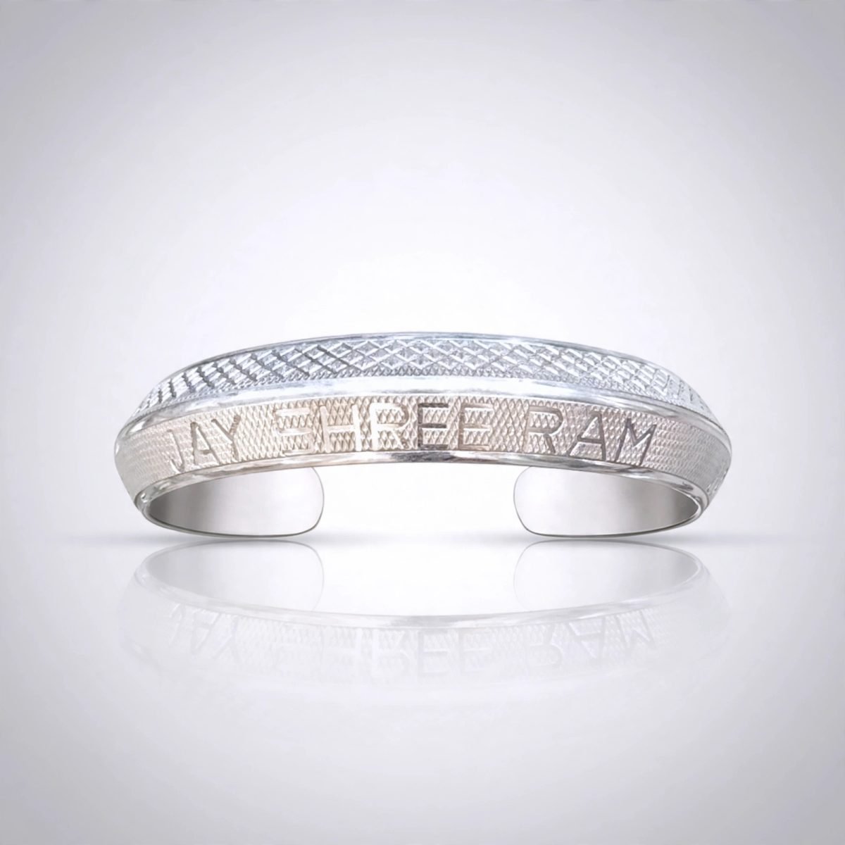 Engraved Silver "Jay Shree Ram" Kada Bracelet with Diamond-Cut Crosshatch Texture