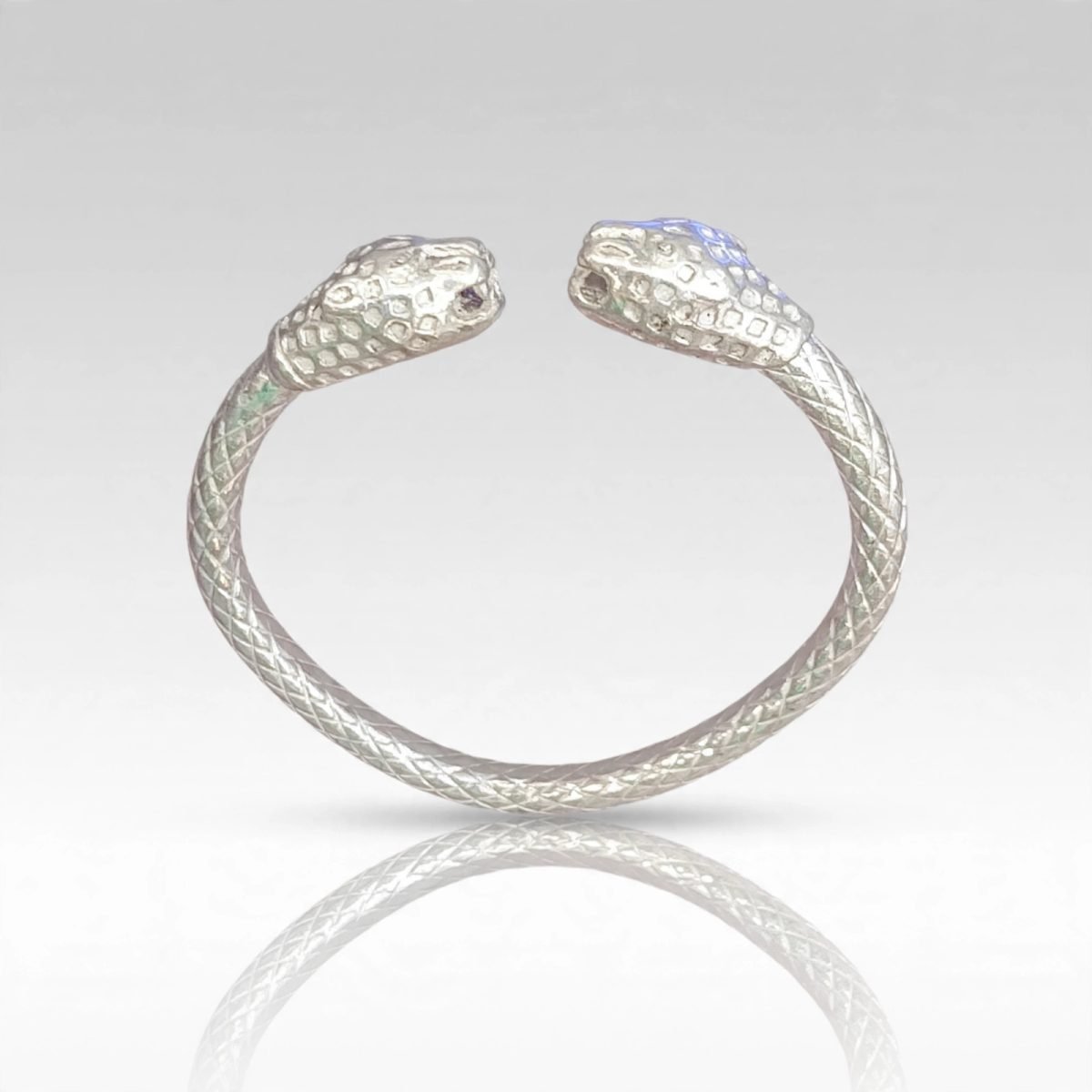 Textured Dual Snake-Head Silver Open Cuff Bracelet (Nag / Serpent Kada