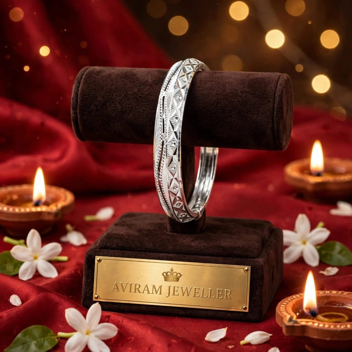 Intricate Diamond-Cut Patterned Solid Silver Bangle / Kada