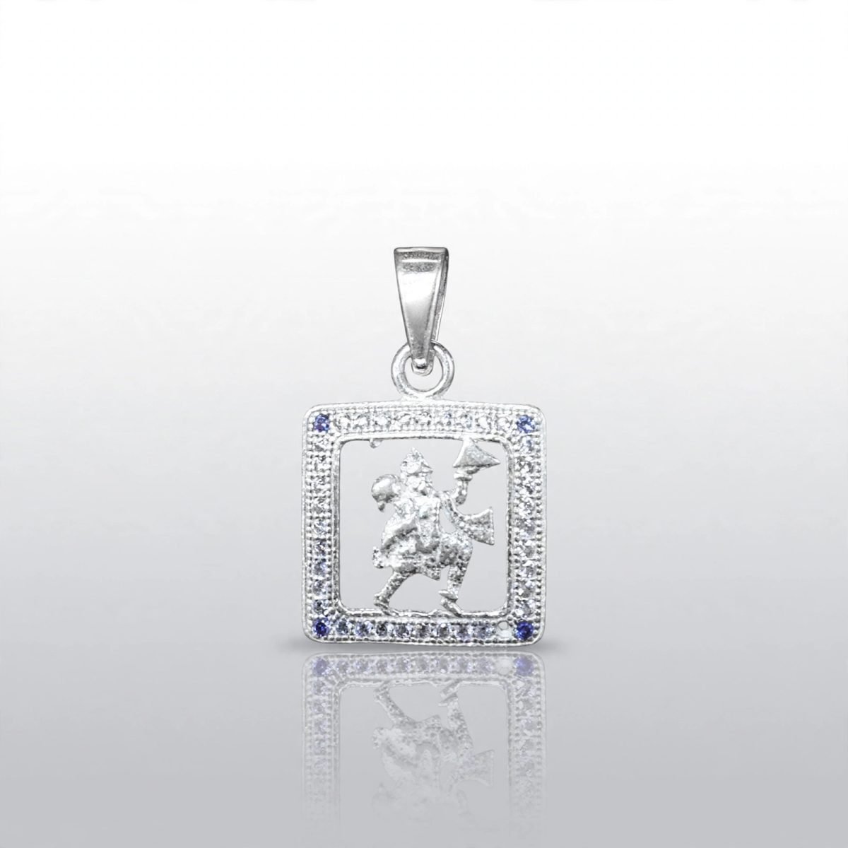 Sterling Silver Lord Hanuman Square Frame Pendant with Blue & Clear CZ Stones