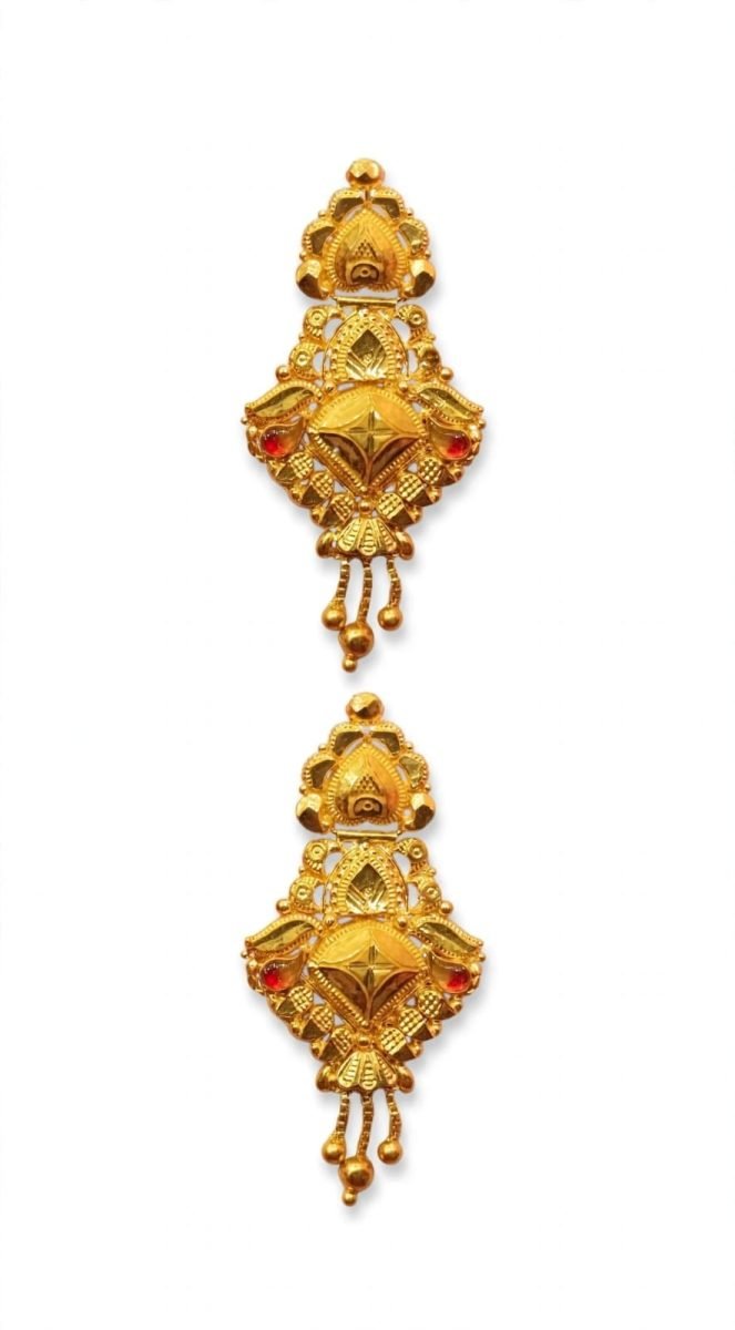 Royal Rhombus Gold Drop Earrings with Red Enamel Accents