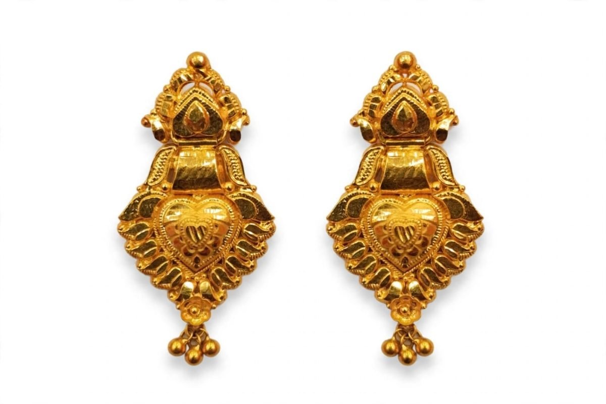 Ornamental Heart-Embossed Gold Drop Earrings