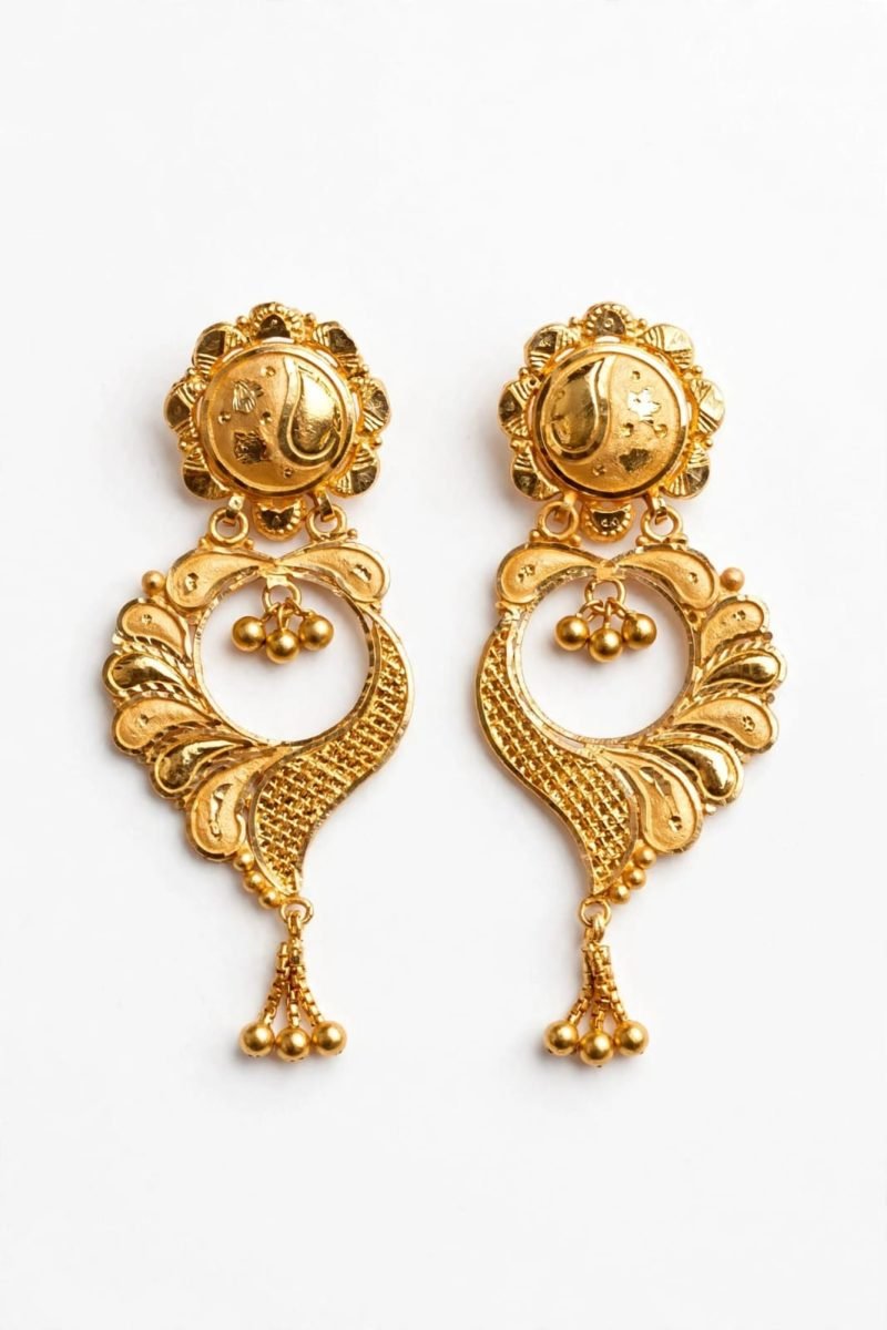 Elegant Peacock Feather Gold Drop Earrings