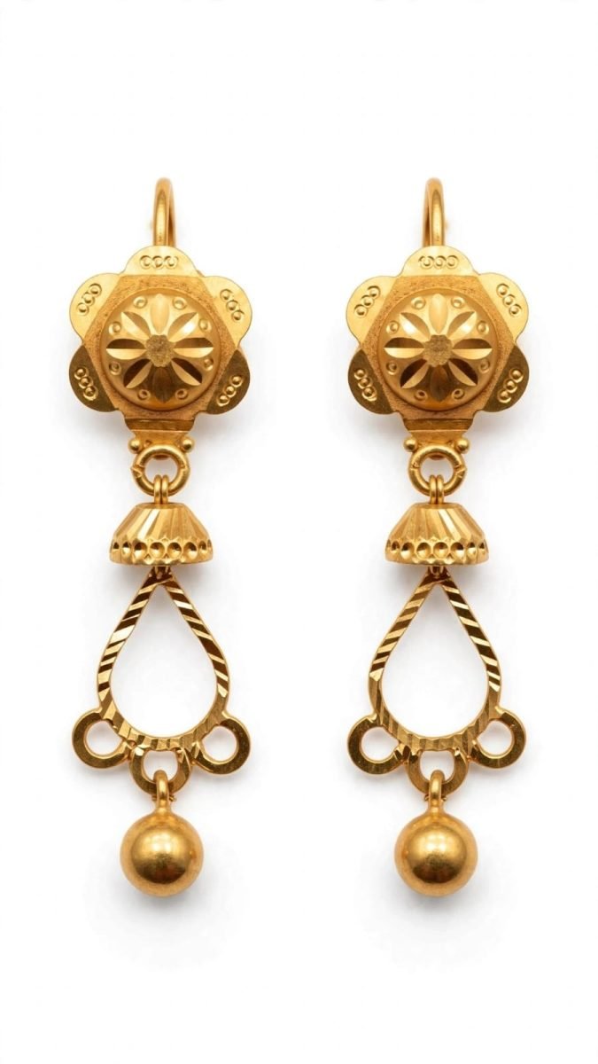 Vintage Floral Teardrop Gold Drop Earrings