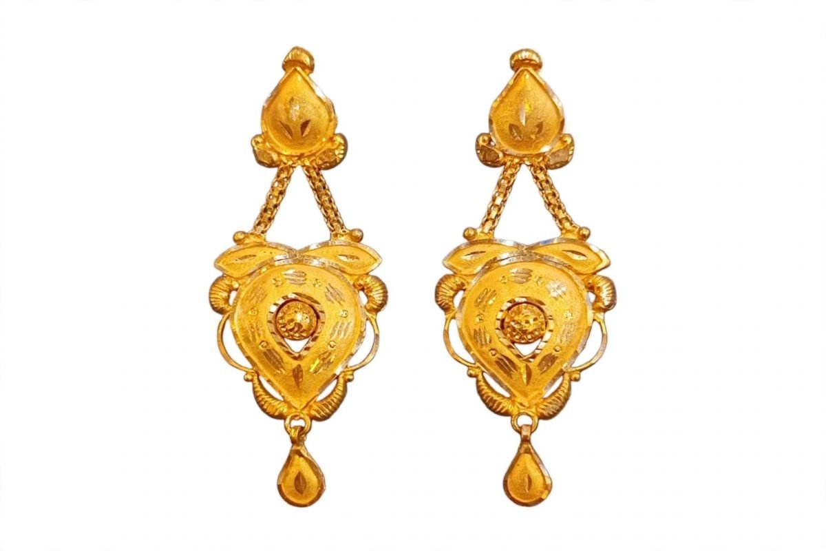 Elegant Tear-Drop & Shield Motif Gold Earrings