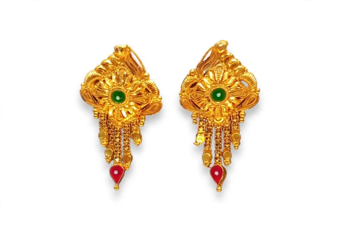 Traditional Floral & Tassel Gold Earrings with Enamel Accents