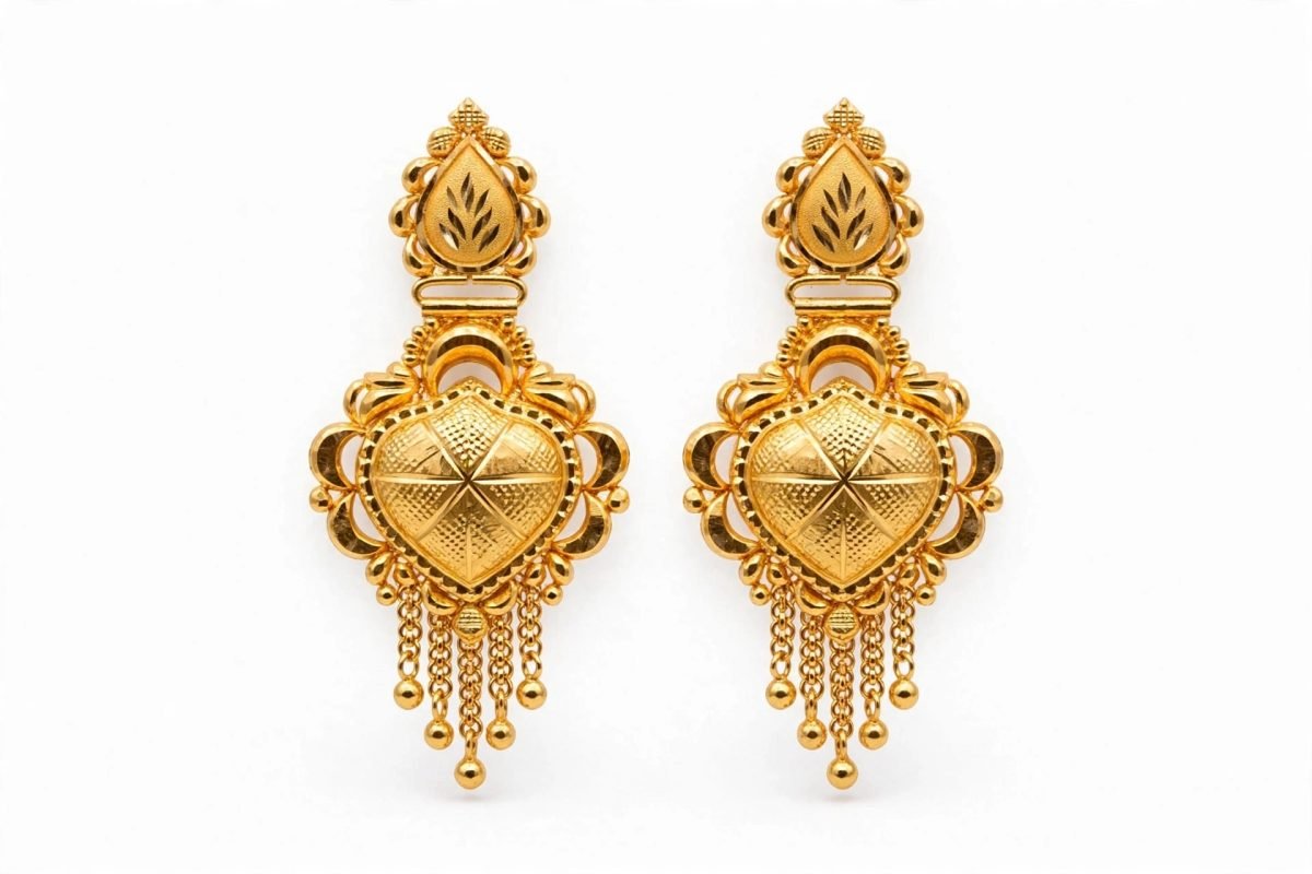 Royal Heart-Motif Gold Drop Earrings with Hanging Tassels