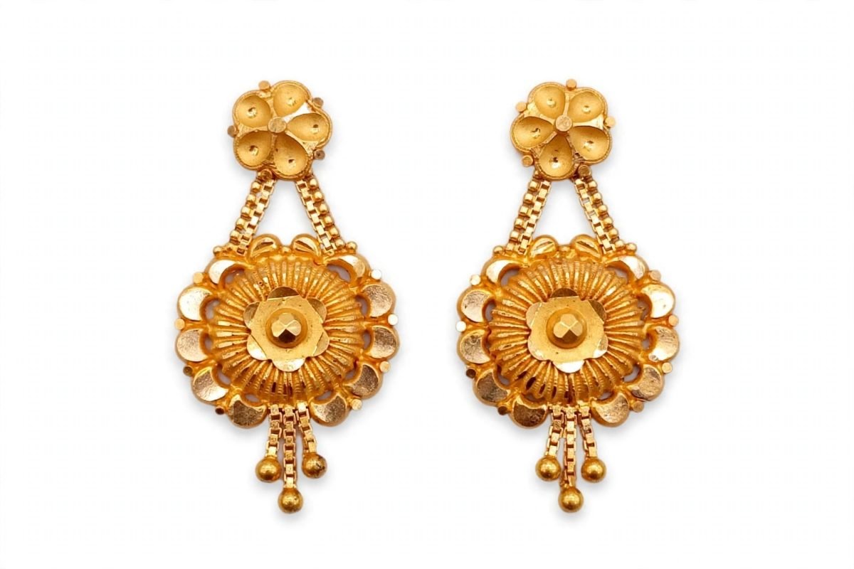22K Gold Floral Medallion Dangle Earrings