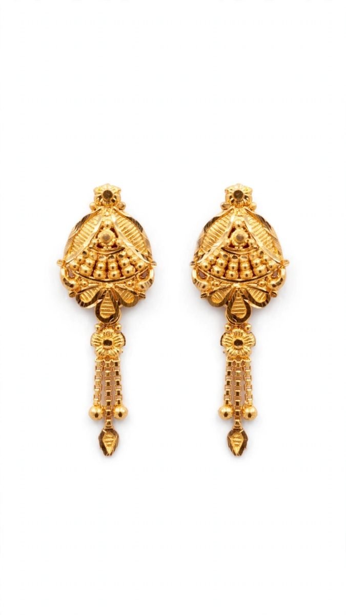22K Gold Traditional Drop Earrings with Fan Motif