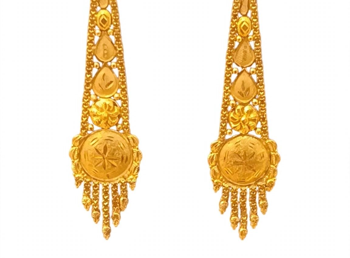 Traditional Indian Filigree Long Dangle Drop Gold Earrings