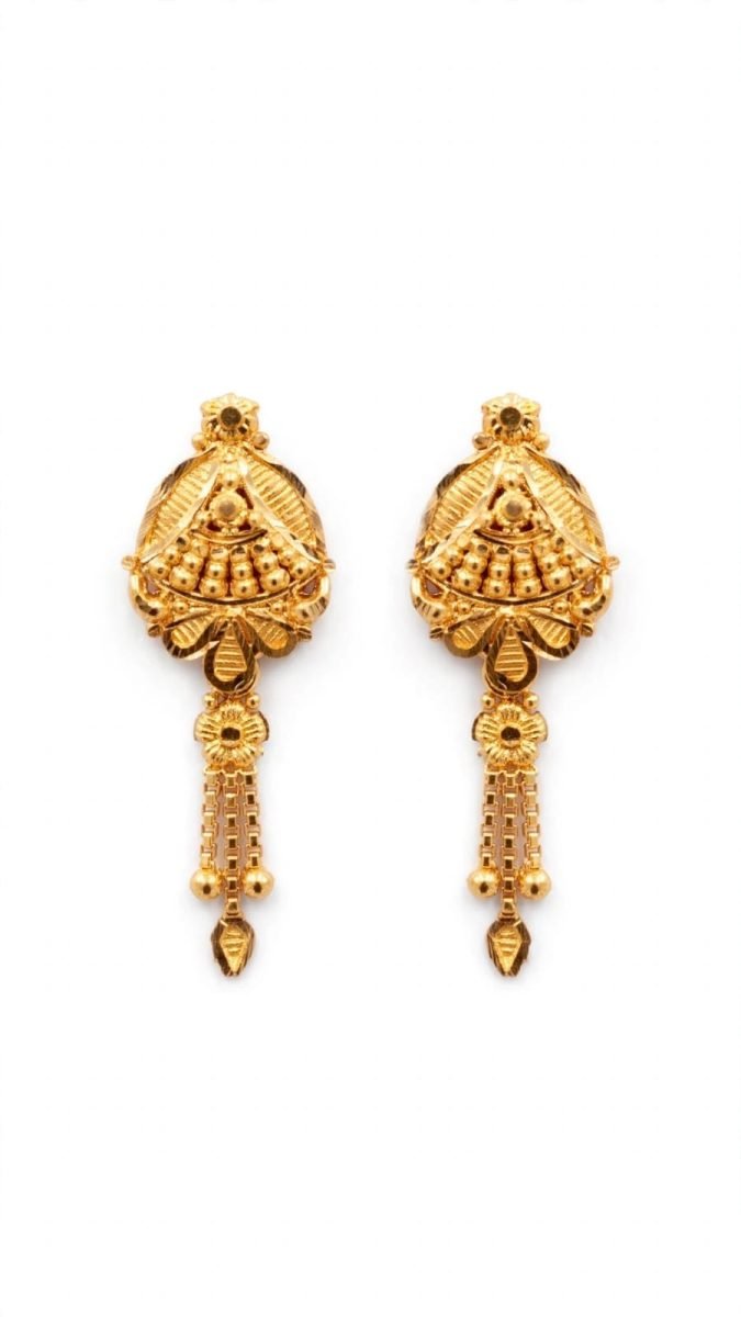 22K Gold Traditional Drop Earrings with Fan Motif