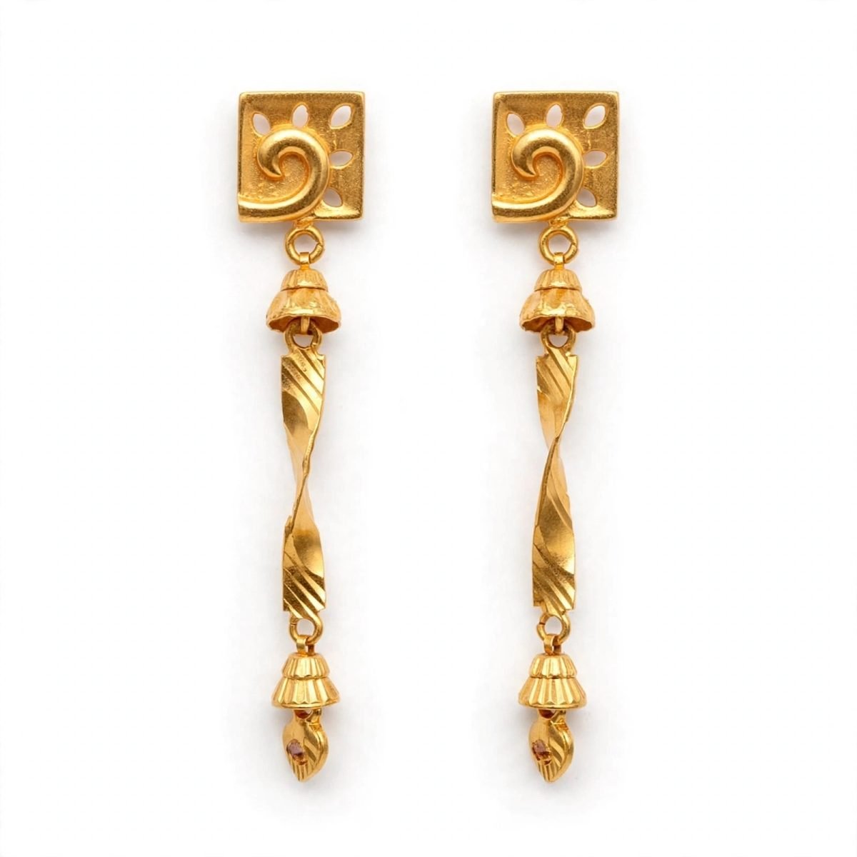 Spiral Motif & Twisted Bar Gold Drop Earrings