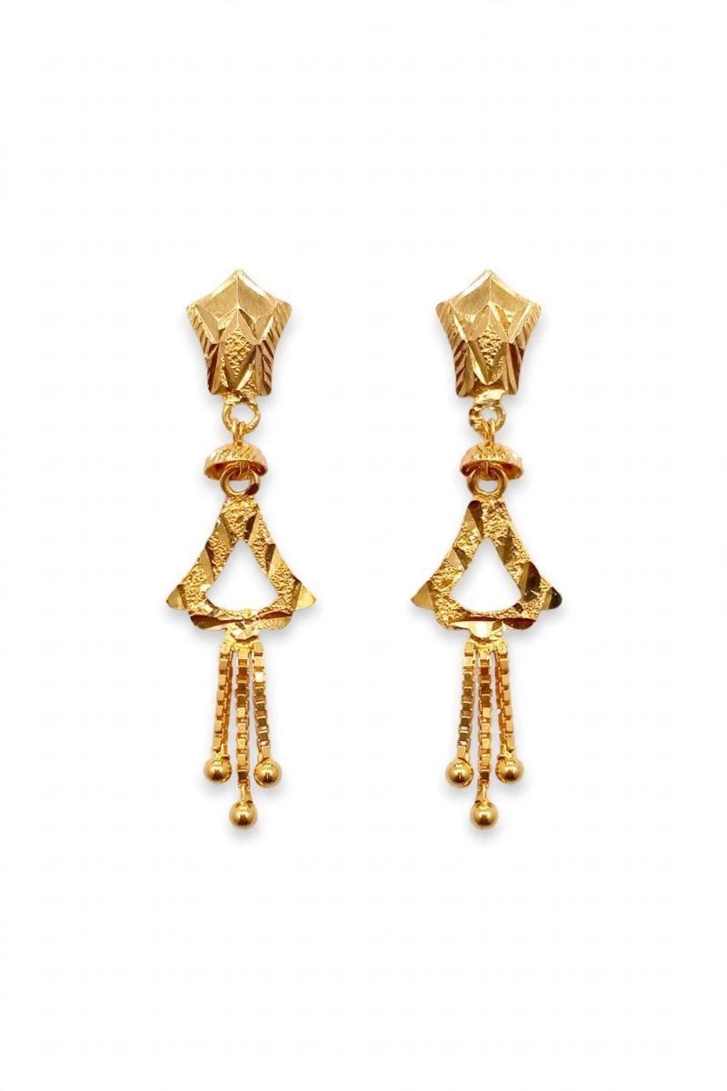 Geometric Open-Triangle Gold Drop Earrings with Bead Tassels