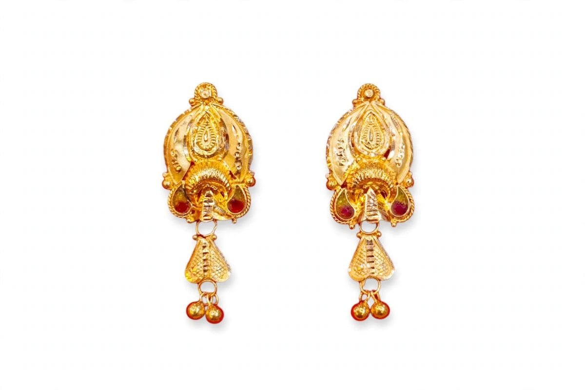 Traditional Paisley & Heart Motif Gold Drop Earrings
